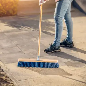 Heavy Duty Garden Broom with Handle, Outdoor for Wet & Dry Surfaces, 16" Synthetic Hard Bristle Sweeping Brush for Cleaning Green