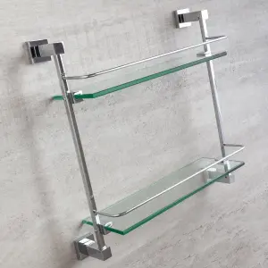 Tate Bathroom Wall Mounted Double Glass Shelf (W)41cm (H)41cm