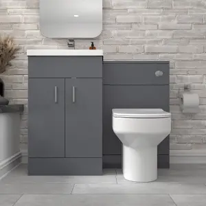 Nes Home Grey Vanity Basin Cabinet, WC Unit & Comfort Back To Wall Toilet