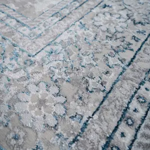 Blue Grey Traditional Medallion Bordered Living Runner Rug 70x240cm