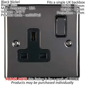 3 PACK 1 Gang Single UK Plug Socket BLACK NICKEL 13A Switched Power Outlet