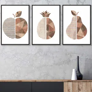 Set of 3 Framed  Framed Geometric Wood Grain Effect Fruit / 30x42cm (A3) / Black