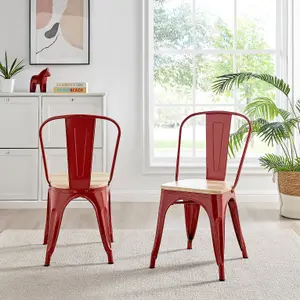 Furniturebox Set of 2 Red Colton Tolix Style Stackable Industrial Metal Dining Chair With Pine Seat