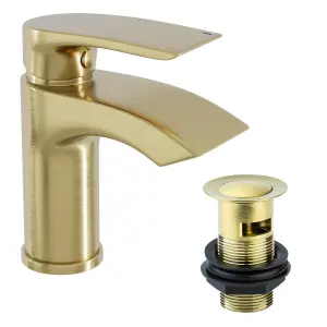 Bubly Bathrooms Brushed Brass Sleek Waterfall Basin Sink Mixer Tap & Click Clack Waste