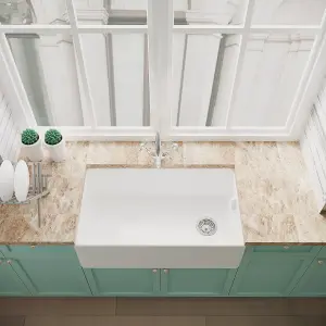 Fireclay Belfast Kitchen Sink with Overflow, Mono Sink Mixer Tap & Waste, 795mm