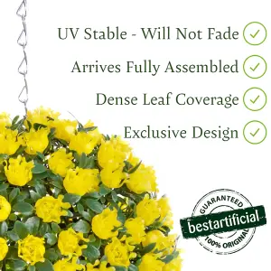 Best Artificial 23cm Yellow Rose Hanging Basket Flower Topiary Ball - Suitable for Outdoor Use - Weather & Fade Resistant