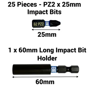 Rennie Tools 26 Pack PZ2 x 25mm Long Impact Driver Screwdriver Bits Set Pozidriv (Pozi 2) With Impact Bit Holder