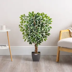 Artificial Variegated Ficus Tree Realistic Faux House Plant in Pot 3ft