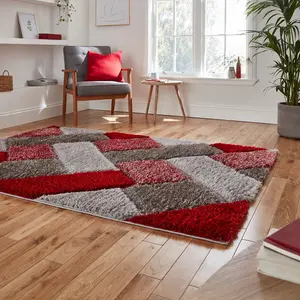 Grey Red Shaggy Modern Geometric Easy to Clean Rug for Living Room Bedroom and Dining Room-120cm X 170cm