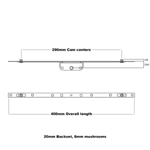 Universal Window Repair Kit Inline 400mm Espag Espagnolette 20mm Backset 8mm Mushrooms Keeps + Screw Included