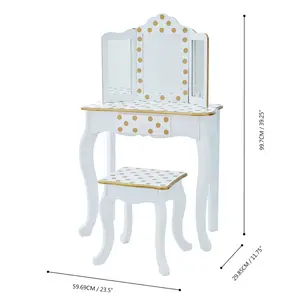 Teamson Kids Dressing Table, Play Vanity Set with LED Mirror Light & Stool - White/Gold/Polka Dots