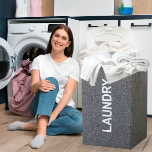 Grey Polyester Large Laundry Hamper Collapsible Laundry Basket - 57L