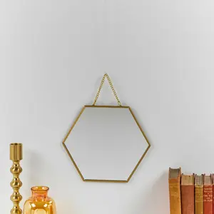 (L 27Cm) Honeycomb Gold Hanging Plate Mirror With Chain 17cm H x 17cm W