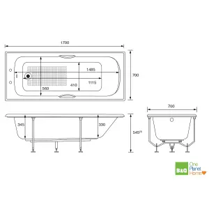 Cooke & Lewis Shaftesbury Twin grip White Rectangular Straight Bath (L)170cm (W)70cm