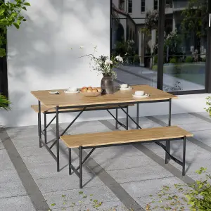 Garden Dining Table and Chair Set of 3 Black Metal Framed Dining Table with 2 Dining Benches for Indoor Outdoor