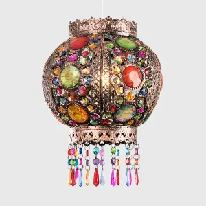 ValueLights Bazaar Traditional Moroccan Bronze Chandelier Ceiling Light Pendant Shade with Acrylic Jewel Droplets