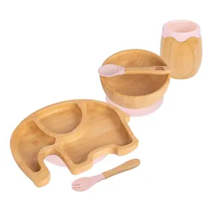 5pc Bamboo Elephant Baby Weaning Set - Pastel Pink