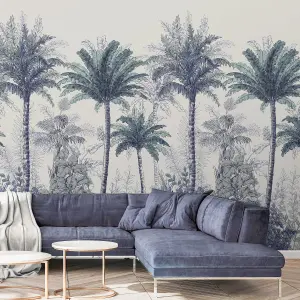 Tropical Palm Tree Tops 3 lane Repeatable Wallpaper Mural,  Blue