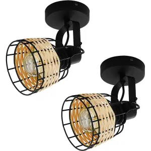 2 PACK Wall / Ceiling Light Black & Wicker Adjustable Spotlight 1x 40W E27