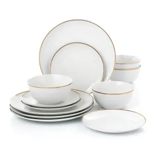 12pc White Dinner Set with Gold Line