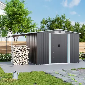 248cm W x 207cm D x 178cm H Dark Grey Metal Shed with 2 Door Garden Storage Shed with Awning