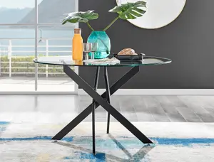 Furniturebox UK Novara Black Leg 120cm Round Glass Dining Table & 4 Grey Velvet Milan Chairs