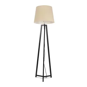 ValueLights Lottie Black Wood Tripod Floor Lamp with Beige Tapered Shade