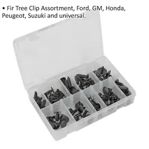 100 PACK Fir Tree Clip Assortment - Various Sizes - Partitioned Storage Box