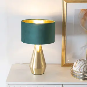 ValueLights Jax Gold Dimmable Touch Table Lamp with Forest Green Velvet with Gold Inner Lamp Shade