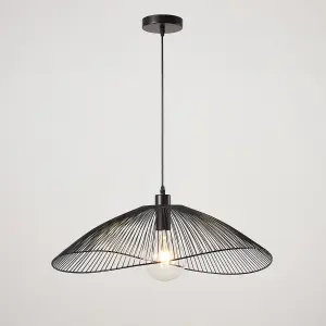 Contemporary Medium Black Pendant Ceiling Light. Decorative shade with curved metal threads, 65cm Diameter.  Adjustable height