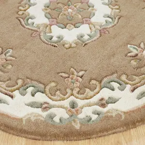 Handmade Bordered Floral Easy to Clean Beige Traditional Wool Rug for Living Room & Bedroom-200cm X 285cm