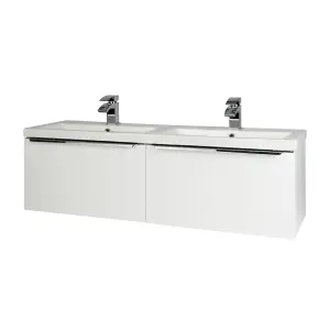 1200mm Bathroom Wall Mounted Drawer Unit and Twin Ceramic Basin Gloss White (Central) - Brassware Not Included