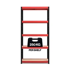 RB BOSS Garage Shelving Unit 5 Shelf MDF Red & Black Powder Coated Steel (H)1800mm (W)900mm (D)300mm