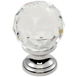 Faceted Crystal Cupboard Door Knob 35mm Dia Polished Chrome Cabinet Handle