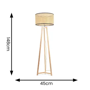 ValueLights Lottie Natural Wood Tripod Floor Lamp with Natural Cane Rattan Drum Shade - LED Bulb Included