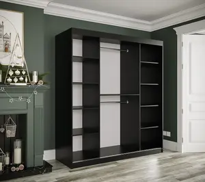 Elegant Black Geneva T2 Sliding Door Wardrobe W1800mm H2000mm D620mm - Mirrored Door, Gold Handles, Extensive Storage