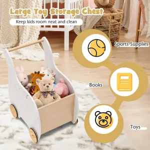 Costway Wooden Baby Walker 2 in 1 Kids Push Along Toy Cart with Storage Chest 4 Wheels