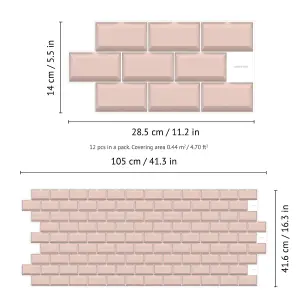 Walplus Blush Pink Subway Brick 2D Tile Stickers 12 Pcs