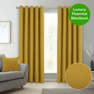 Home Curtains Spencer Faux Wool Blackout 90w x 90d" (229x229cm) Ochre Lined Eyelet Curtains (PAIR)