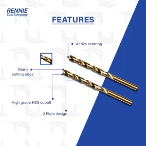 Rennie Tools Box of 10 x 7.5mm HSS Gold Cobalt Jobber Drill Bit Set For Stainless Steel, Hard Metals, Aluminium, Cast Iron, Copper