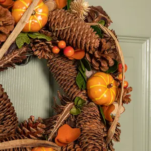 36cm Hanging Artificial Harvest Home Autumn Wreath with Pinecones and Pumpkins