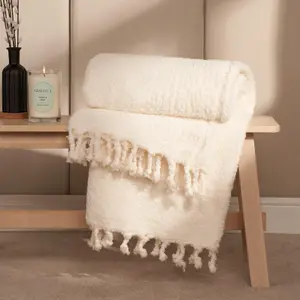 OHS Sherpa Fleece Throw Over Bed Blanket Warm Soft Tassel Winter Sofa, Cream