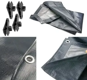 5 x 8 m Grey Tarpaulin Waterproof Heavy Duty Cover Ground Sheet Camping Multipurpose Furniture Caravan with 4 Tarp Clips