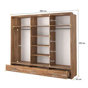 LUX XXIII -Elegant Oak Shetland Mirrored Sliding Door Wardrobe (H2150mm W2500mm D630mm) with Drawers and LED Lighting