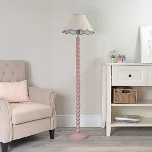 ValueLights Bobbles Rose Pink Bobbin Floor Lamp with Blue Trim Scallop Shade