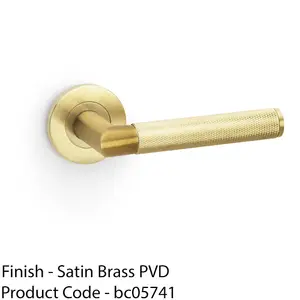 SOLID BRASS Knurled Door Handle Set - Satin Brass Mitred Lever On Round Rose