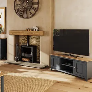 2 Door Solid Oak Ready Assembled TV Unit Graphite Blue