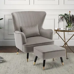 Velvet Light Grey Camila Accent Wingback Chair with Footstool