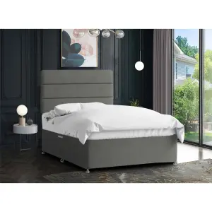 Harmony Divan Bed Set with Tall Headboard and Mattress - Plush Fabric, Steel Color, 2 Drawers Right Side