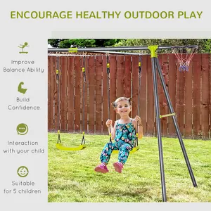 Outsunny Kids Metal Swing Set for Backyard W/Adjustable Seats, Gym Rings, Seesaw